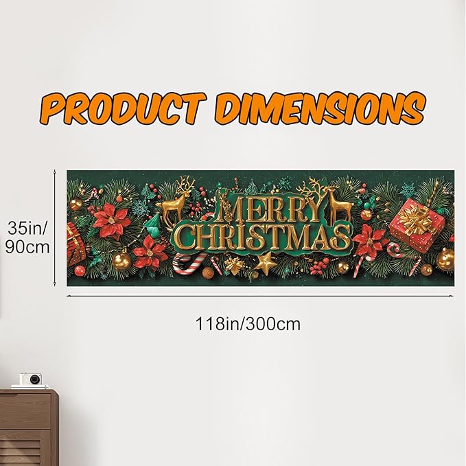 10x3 ft Extra Large Merry Christmas Banner Outdoor 115''x35'' Merry Christmas Decorations Xmas Tree Snowman Banners Yard for Fence Outside banner for Garden Party