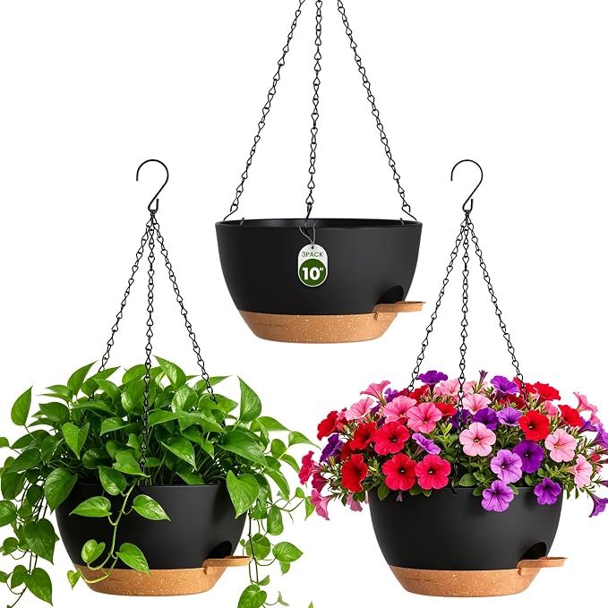 10 Inch Self Watering Hanging Planters, 3 Pack Plastic Plant Pots | Sturdy lightweight pot with side watering lip, drainage holes, snap-on detachable tray & hanging chain for easy care