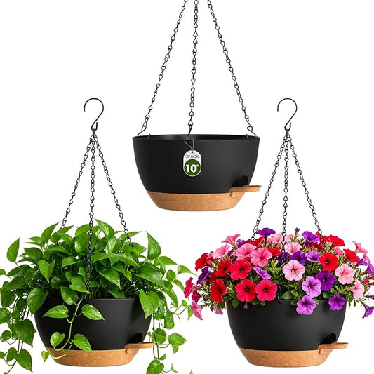 10 Inch Self Watering Hanging Planters, 3 Pack Plastic Plant Pots | Sturdy lightweight pot with side watering lip, drainage holes, snap-on detachable tray & hanging chain for easy care