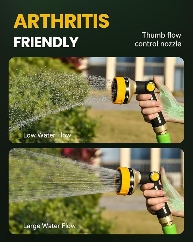 RAINPOINT Garden Hose Nozzle Heavy Duty - 100% Metal Thumb Control Spray Nozzles for Garden Hose High Pressure, 10 Patterns Water Hose Nozzle for Car Wash, Watering Lawn and Pets, Yellow