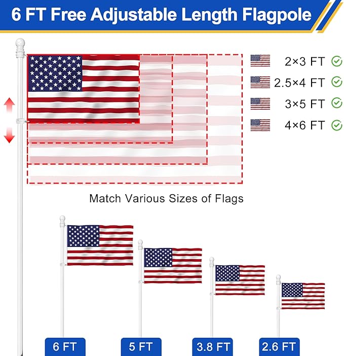 Flag Pole for Outside House, Heavy Duty Metal Flagpole for Residential, Outdoor or Porch, Stainless Steel Flag Poles, Upgraded Tangle Free Design, 1 Inch (6 FT, White)