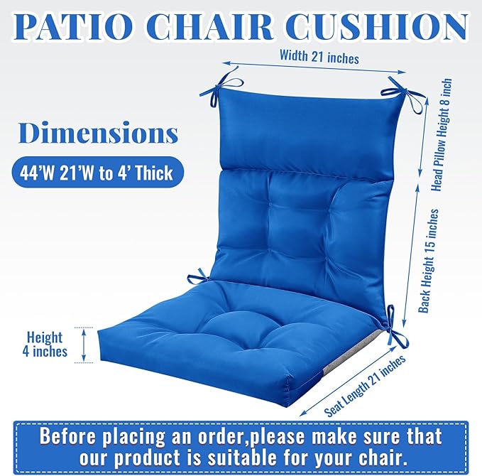 Sintuff 6 Pcs 44 x 21 x 4 Patio Chair Cushions Outdoor Chair Cushion Seat/Back Tufted Pillow with Ties Water Resistant Replacement Indoor Patio Furniture Outdoor Furniture (Solid Color,Blue)