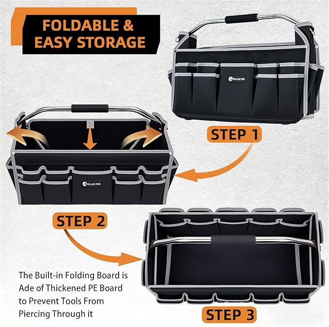 16in Tool Bags For Men Heavy Duty, Tool Bag Organizer Foldable Open Top Tool Bags, Tool Tote Bag With Handle, Wide Mouth Electrician Tool Tote, 22 PCS Pockets Tool Carrier, Grey