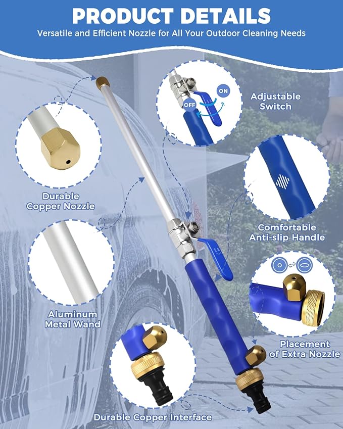 Jet Nozzle Power Washer for Garden Hose, 2-In-1 High Pressure Wand With 2 Different Nozzles and Quick Connect Flexible Wand Lance Hydro Jet Water Hose Nozzle for Gutter Patio Car Pet Window Blue
