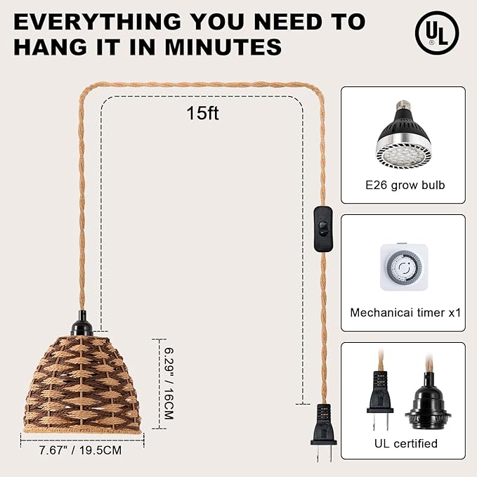 Hanging Grow Lights for Indoor Plants, Full Spectrum, with Timer and 15FT Power Cord, 30W Pendant Plant Lights for Indoor Growing, Garden, Flowers, Greenhouse (4000K, Weaving Style-3)