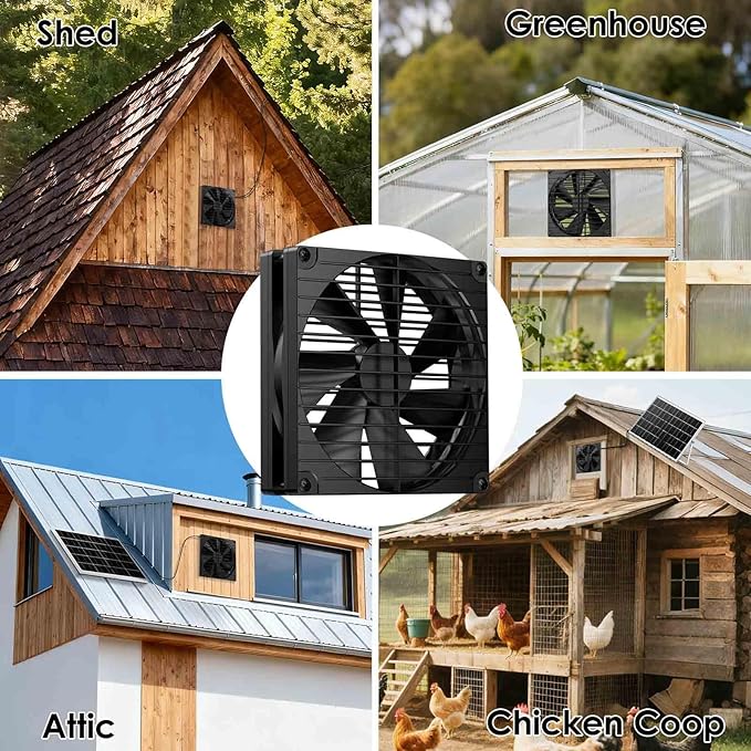 7 Inch Large Airflow Solar Powered Fan Exhaust Vent for Outside Greenhouse Chicken Coop Shed Trailer, IPX7 Waterproof Brushless DC Motor 16.5 Ft On/Off Switch Cable