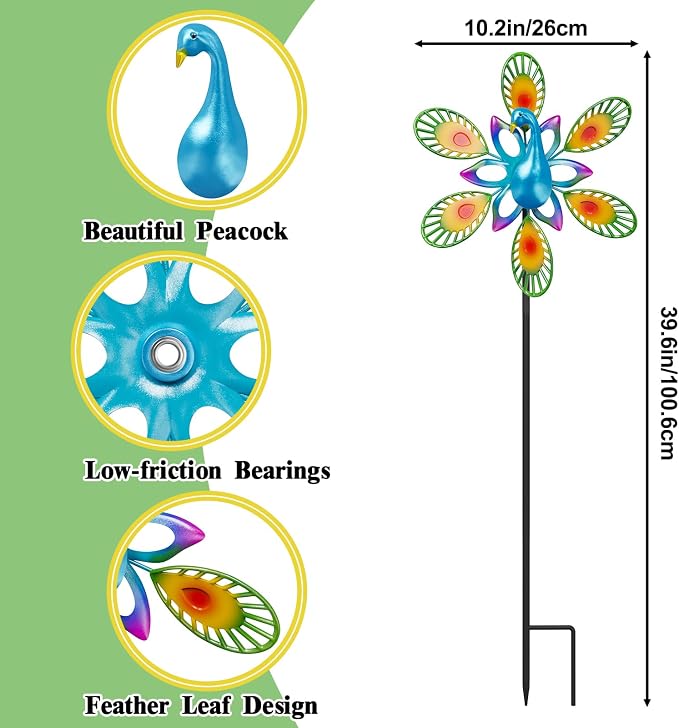 Metal Wind Spinners Outdoor, 360° Wind Sculpture Spinner with Metal Stake, Waterproof Spinners Green Kinetic Wind Spinner for Yard Lawn Decor (Peacock A)