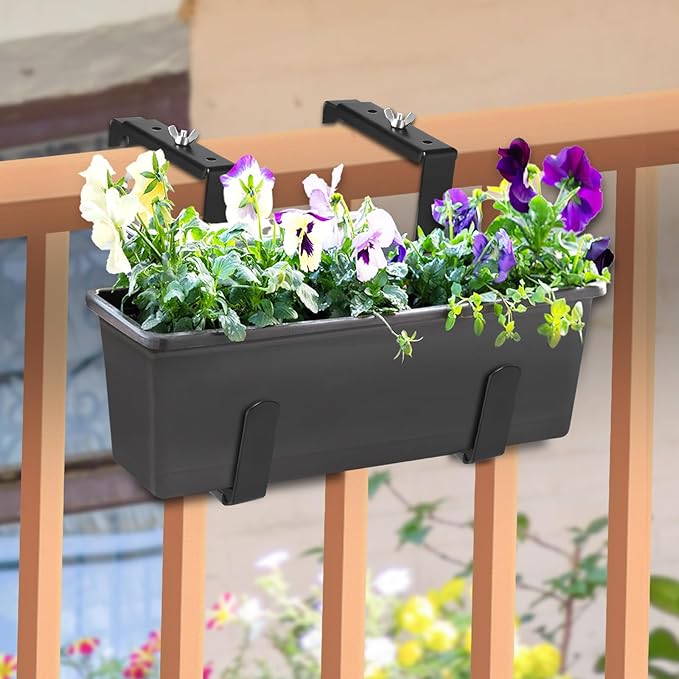 VIVIKEN Planter Box Brackets, Adjustable Window Box Brackets for Deck Railing, No Drill Flower Box Bracket for Outdoor Planters-2 Pack