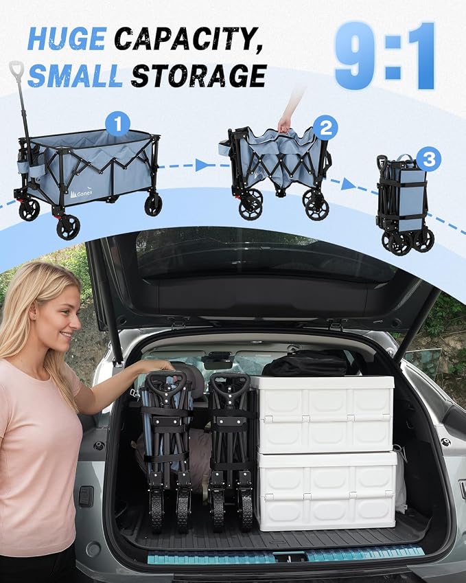 Gonex 38''L Collapsible Foldable Wagon Cart with 360lbs Weight Capacity,220L Folding Utility Garden Cart with Detachable Wheels for Grocery Sports Shopping Camping - Blue