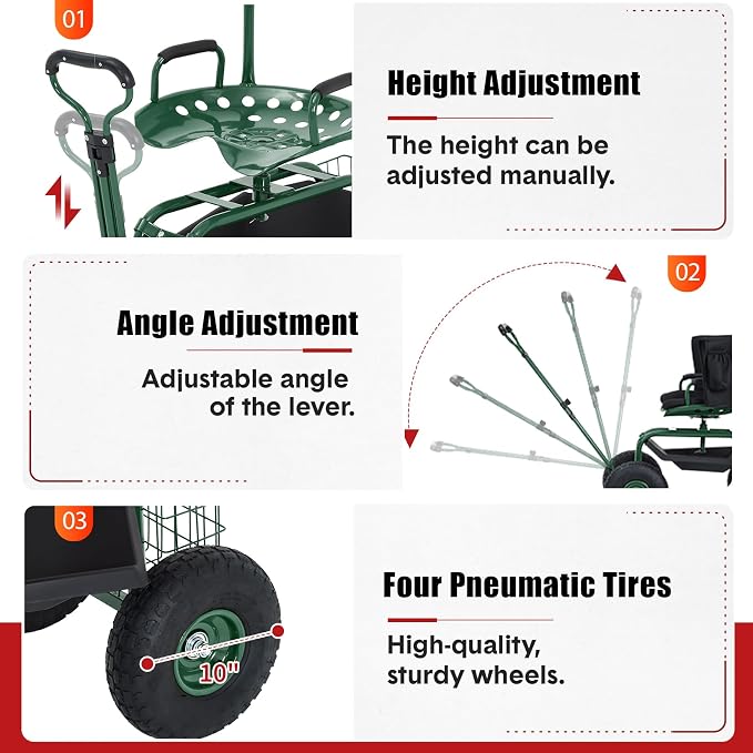 Garden Cart Rolling Workseat with Wheels, 360° Swivel Gardening Stool, Extendable Steering Handle & Utility Tool Tray, 10-Inch Inflatable Tires, Reinforced Steel Construction for Patio, Yard, Outdoor