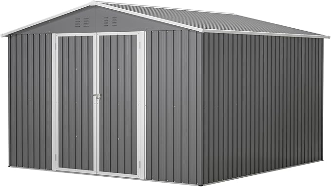 YOPTO 10×10 FT Outdoor Storage Shed,Metal Aluminum Waterproof Tool Sheds with Doors and Vents,Heavy-Duty Sheds Unit W/Lock and Key,for Storing Bicycles,Lawnmowers,Barbeques,Gray