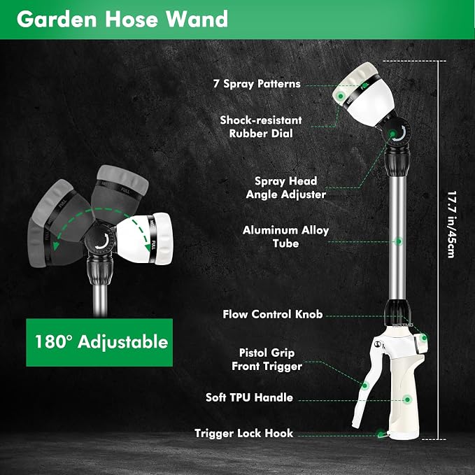 RESTMO Metal Watering Wand, Heavy Duty Garden Hose Wand with 180° Swivel Ratcheting Head, 16'' Hose Nozzle Sprayer with 7 Spray Patterns and Flow Control, for Water Hanging Baskets and Shrubs, White