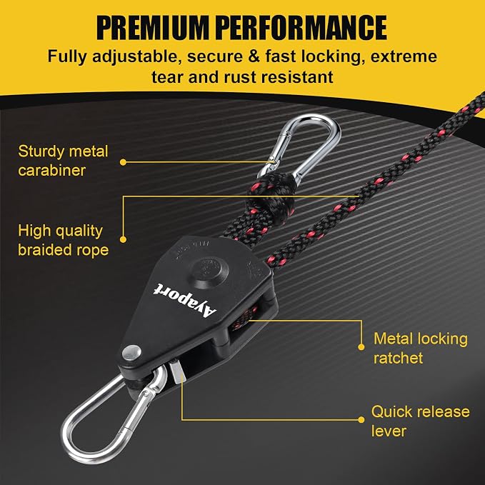 Ayaport Adjustable Rope Hanger Grow Light Hanger, 14Ft 3/8" Heavy Duty Plant Pulley Rope Tightener Ratchet Tie Down for Kayak, Tent Tie Downs, 4 Pack