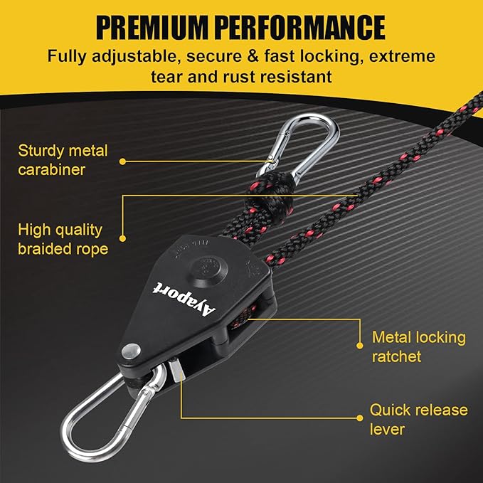 Ayaport Adjustable Rope Hanger Grow Light Hanger, 14Ft 3/8" Heavy Duty Plant Pulley Rope Tightener Ratchet Tie Down for Kayak, Tent Tie Downs, 2 Pack