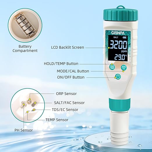 Digital Pool Water Tester, Chlorine Tester & Pool Salt Tester, Pool pH Tester 7 in 1 FAC Digital Salinity Tester for Saltwater Aquarium Sodium Chloride Swimming Pools Hot Tubs Spas