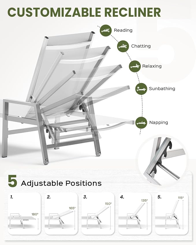 Vexwalx Patio Chaise Lounge Outdoor with Wheels&Armrests, Aluminum Pool Lounge Chairs 5-Position Adjustable Recliner, Sun Beach Lounge Chairs for Poolside, Patio, Deck, Yard, White