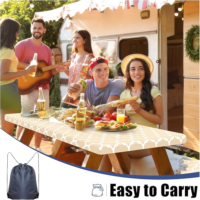Smiry Picnic Table Cover with Bench Covers, Waterproof Elastic Fitted Tablecloth for 6 Foot Tables, Washable Polyester Tablecloths for Camping, Indoor & Outdoor (Beige, 30x72 Inch 3-pc Set)