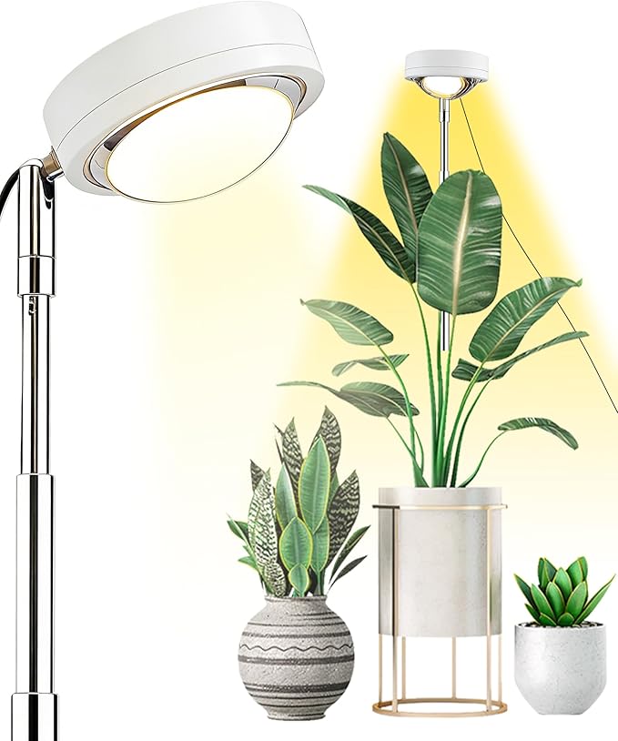 Plant Grow Light,yadoker LED Growing Light Full Spectrum for Indoor Plants,White Magnifying Glass Plant Lights,Height Adjustable, Automatic Timer, 5V Low Safe Voltage,Idea for Large