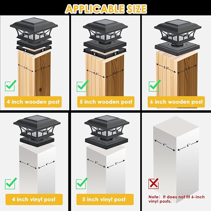 8 Pack Solar Post Cap Lights Outdoor Waterproof, Fits 4x4, 5x5, 6x6 Wooden & Vinyl Fence Decks with Warm & Cool White Light Modes (Classic Black, 8)