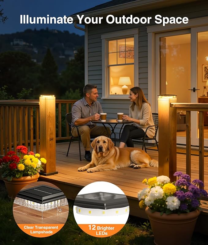 4x4 Solar Post Cap Lights Outdoor, 6 Pack Fence Post Solar Lights with Warm Light Mode, Waterproof Fence Deck Post Lights Solar Powered Fits 4x4 3.5x3.5 Vinyl Wooden Posts for Patio Porch