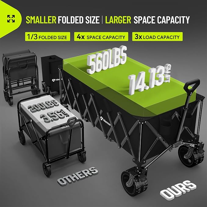 Hikemoon 54" Long Collapsible Wagon 400L Extra Large, Wagons Carts Foldable with Big All-Terrain Wheels, 560LBS Heavy Duty, Utility Folding Cart for Beach, Camping, Grocery, Sports, Garden, Black