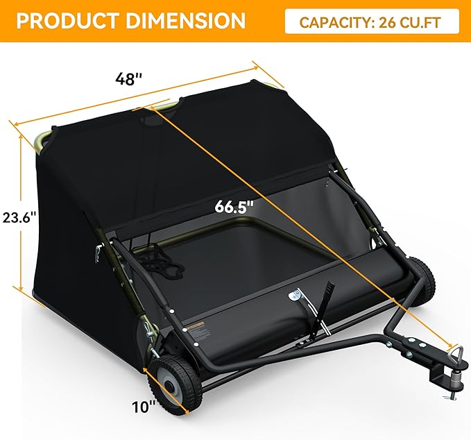 YINTATECH 48" Lawn Sweeper, Tow Behind Leaf Collector, Pine Needle, Pine Cone, Grass Sweeper,Black