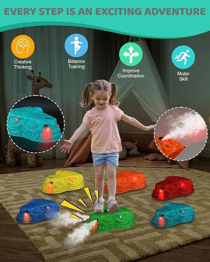 Dinosaur Stepping Stones for Kids 3-5, 6 Pcs Non-Slip Balance Sensory Toys with Mist Spray & Roaring Sound, Light Up Rechargeable Toddler Stepping Stones for Indoor & Outdoor Obstacle Course