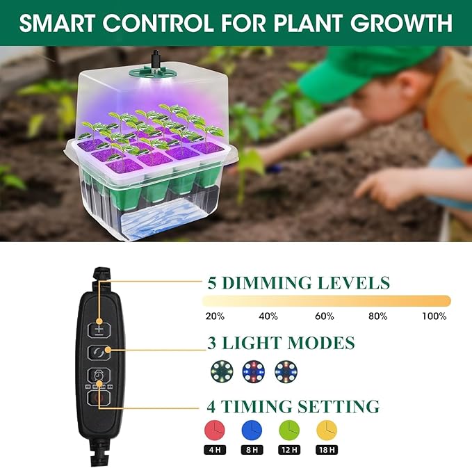 60-Cell Self Watering Seed Starter Tray with Grow Light, 5-Pack Reusable Seed Starter Kit with Soft Silicone, Plant Germination Trays with Humidity Dome for Seeding Planting Growing