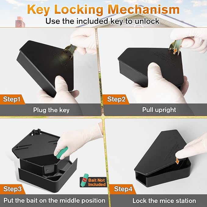 Mouse Station with Keys Black 48 Pack, Key Required Mouse Stations, Mice Stations, Keeps Children and Pets Safe Indoor & Outdoor