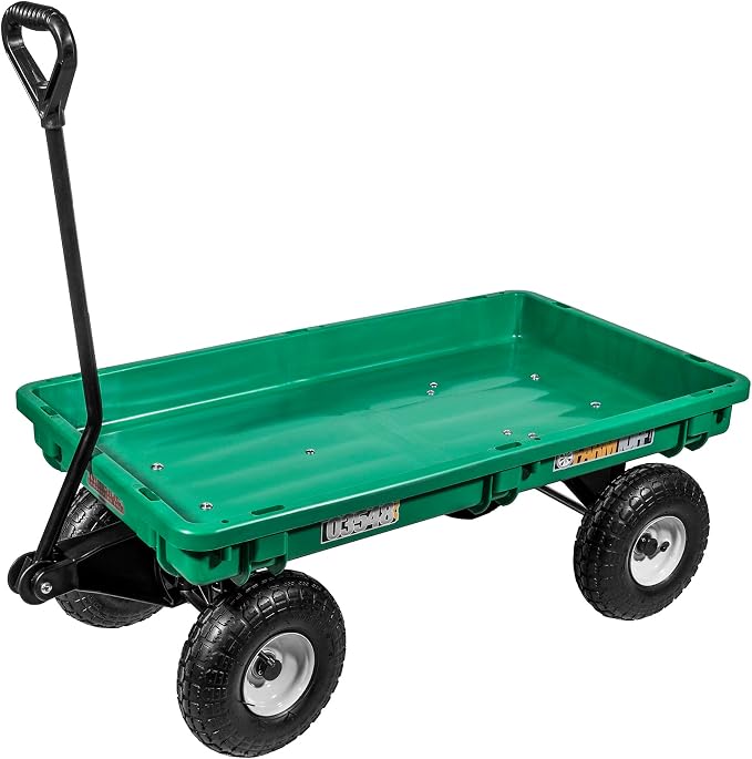 FARM-TUFF Durable Plastic Deck Green Garden Wagon, 38" x 20" - Heavy-Duty Poly Utility Cart with Pneumatic Tires, 300lb Capacity & D-Handle Steering for Gardening, Yard Work & Landscaping