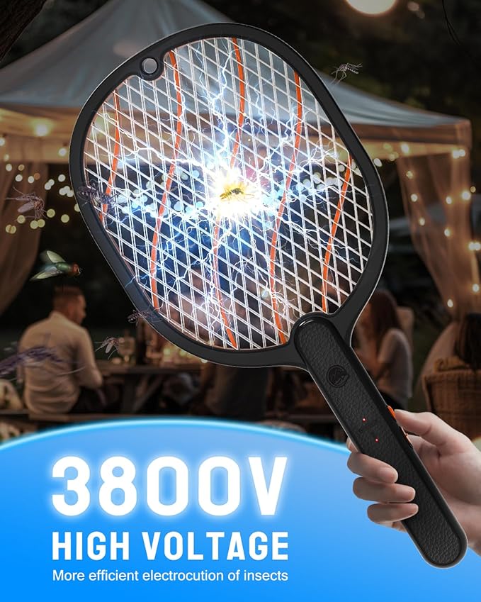 Mosiller Electric Fly Swatter, 3800V Handheld Bug Zapper Racket, Type-C Rechargeable, Mosquito Zapper for Indoor Outdoor, 3-Layer Safety Mesh, Easy to Use, Lightweight (Black-Basic 1 Pack)