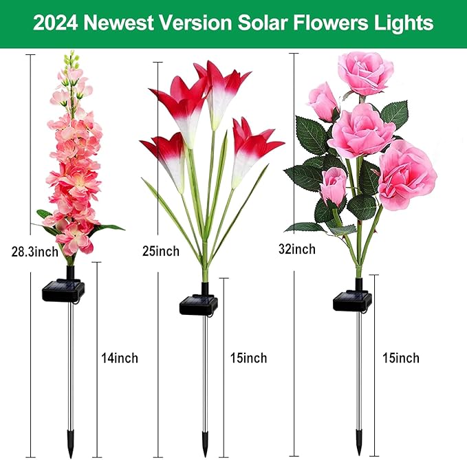MRHEPHAESTUS Solar Garden Lights, 6 Pack Solar Flowers Lights with Lily Rose Delphinium, Waterproof Gardening Gifts for Mom Grandma Women,Multi-Color Changing Outdoor Light for Garden Yard Patio Lawn