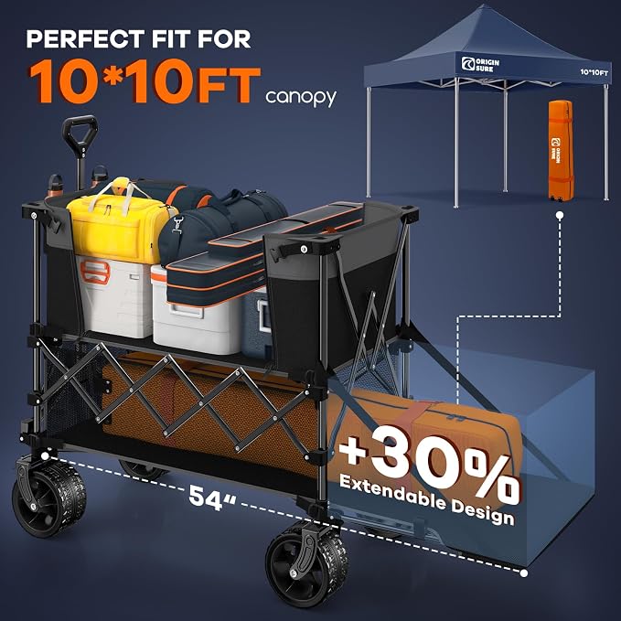 Originsure 400L Double Decker Wagon Collapsible with 54" L Tailgate, 560lbs Heavy Duty Carts Foldable, Extra Large Folding Beach Wagon with Big All-Terrain Wheels for Camping, Sports, Grey&Black