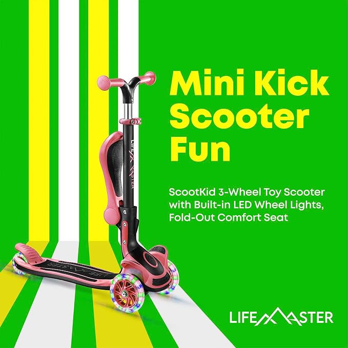 3 Wheel Scooter for Kids with Foldable Seat, Adjustable Handlebar Height, Lean-to-Steer Ride On Toy for Kids Ages 2+, Light-Up LED Wheels, Wide Anti Slip Deck, Indoor & Outdoor Use