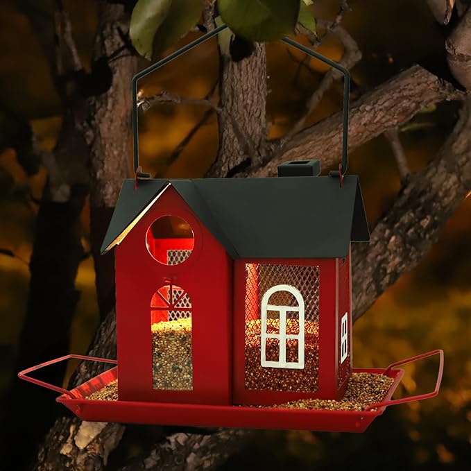 Solar Bird Feeder for Outdoors - Red Metal Hanging Bird Feeder with Solar Light, Decorative for Wild Cardinals, Finches, Weatherproof Backyard Garden Decor Ideal Gift for Women Mom Grandma
