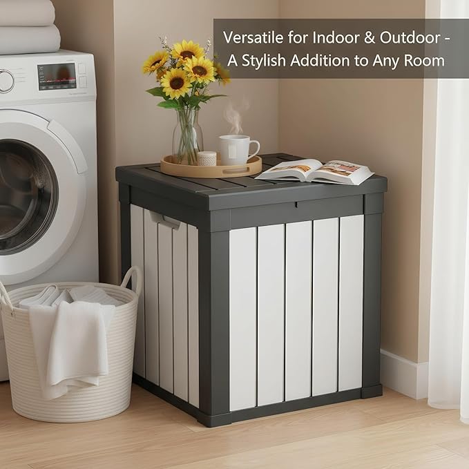 50 Gallon Resin Deck Box with Lockable Lid - Outdoor Waterproof Storage for Patio Furniture, Garden Tools, Cushions & Pool Accessories, Wood Grain Design, All-Weather Durable