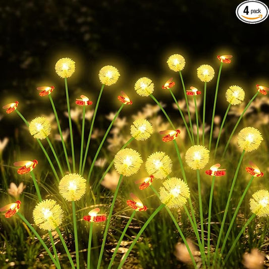 EEW Solar Garden Lights Outdoor 4 Pack 32 LED Swaying Dandelion Bee Lights | Newly 3-Layer Design, Auto On/Off, IP65 Waterproof, 2 Modes, Adjustable Stem, Garden Lawn Pathway Patio Party Decorations