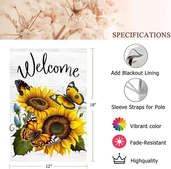 Summer Sunflower Butterfly Garden Flag 12x18 inch Double Sided Welcome Burlap House Flag, Small Outdoor Yard Flag for Garden Porch Farmhouse Decor