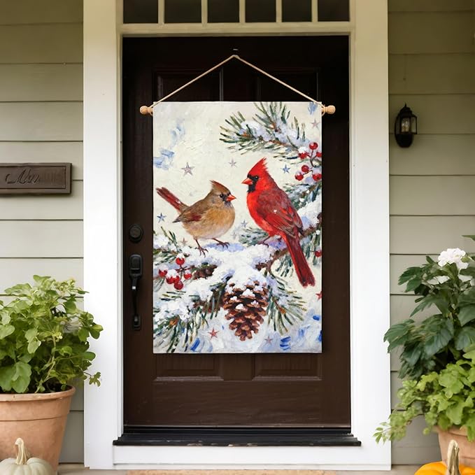 Winter Cardinal House Flag 28x40 Inch Pinecone Twigs Holly Berry Christmas Holiday Decorative Garden Flags for Outside Double Sided Seasonal Outdoor Home Farmhouse Decoration Porch Yard January Decor
