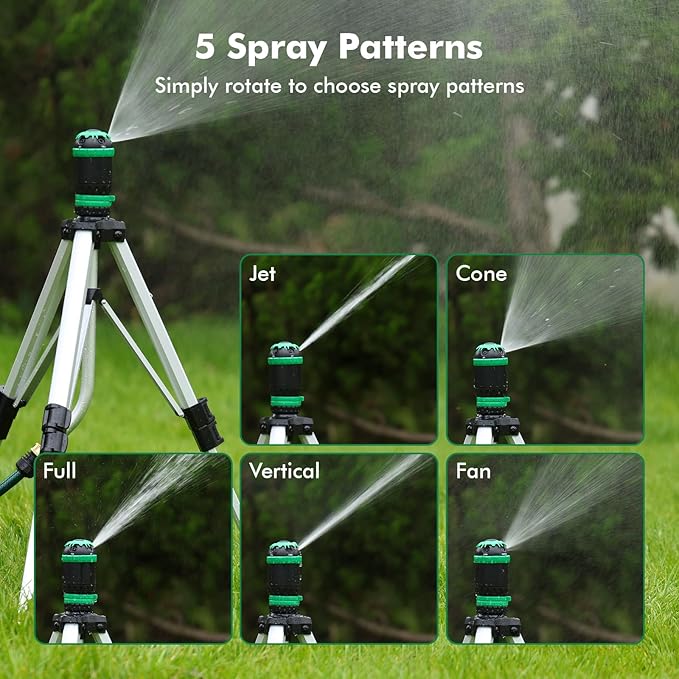 RESTMO Gear Drive Sprinkler with Tripod Base, 5-Pattern Multi-Adjustable Lawn Sprinklers for Yard, Heavy Duty Watering System for Garden Plant, Flower Bed and Large Area Watering