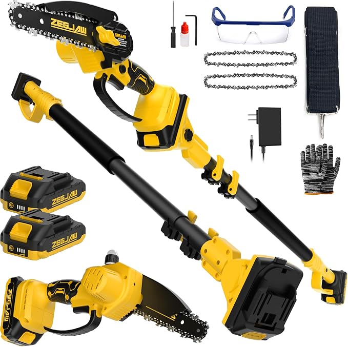 ZEGJAW 2-IN-1 Cordless Pole Saw & 6 Inch Mini Chainsaw with 2 Pack 2.0Ah Battery and Charger, Electric Pole Saw for Tree Trimming with Adjustable Extension Pole