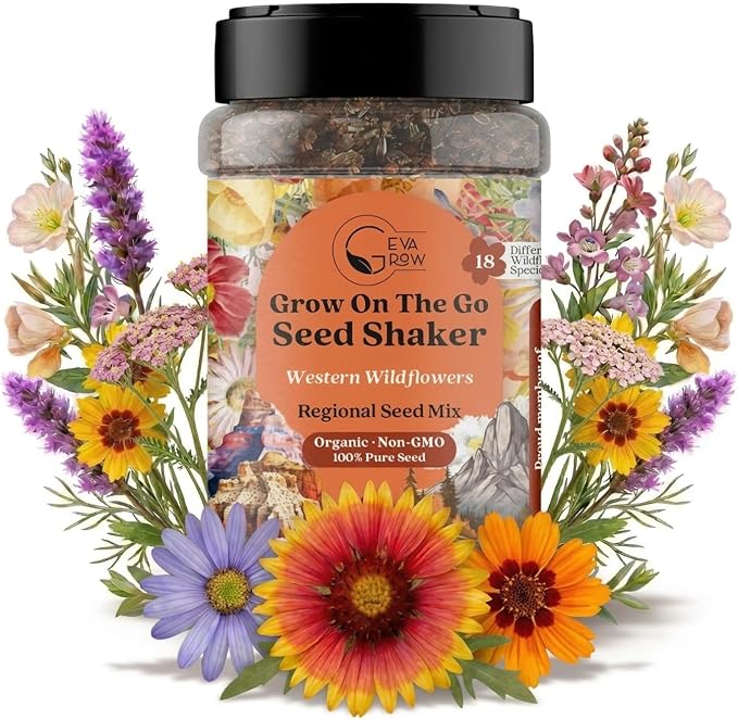 GevaGrow on the Go Seed Shaker - Western Wildflower Seeds Regional Mix - Organic, Non-GMO - 100% Pure Seed - 18 Different Wildflowers Seeds of Annual and Perennial, 2oz