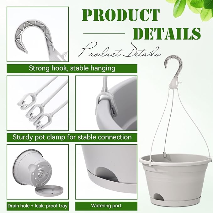 Roshtia 20 Pcs 10 Inch Hanging Baskets for Plants Large Plastic Hanging Basket Pots with Drainage Trays Self Watering Planter Pots for Outdoor Indoor Plants Flowers Garden Balcony (Grey White)