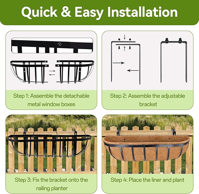 Halatool 24 Inch Heavy-Duty Metal Deck Railing Planter Box, 2 Pack Rust-Resistant Window Boxes Planters with Coco Liner & Adjustable Brackets, Grow More On Your Balcony, Patio & Fence