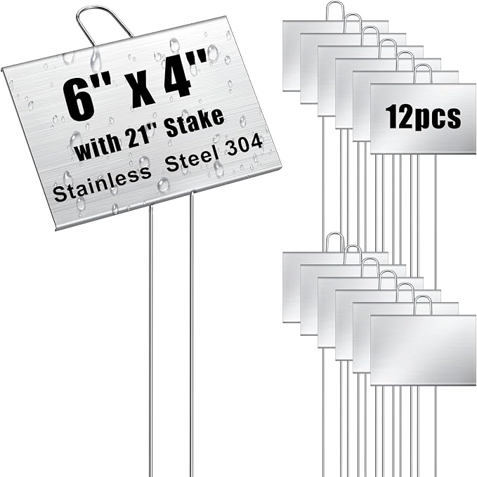 Landhoow 12 Pcs Large Garden Plant Markers Metal Plant Labels Sign 4'' x 6'' with 21'' Stake Weatherproof Waterproof Garden Sign for Outdoor Tree Seedlings Herbs Vegetable Greenhouse, Silver