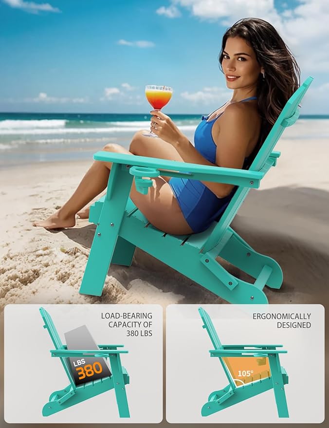 Folding Adirondack Chair Set of 4, Wooden Textured Plastic Adirondack Chairs with 2 Cup Holder, Weather Resistant HDPE Fire Pit Chair, Outdoor Patio Chairs for Garden, Backyard, Lawn, Deck, Lake Blue