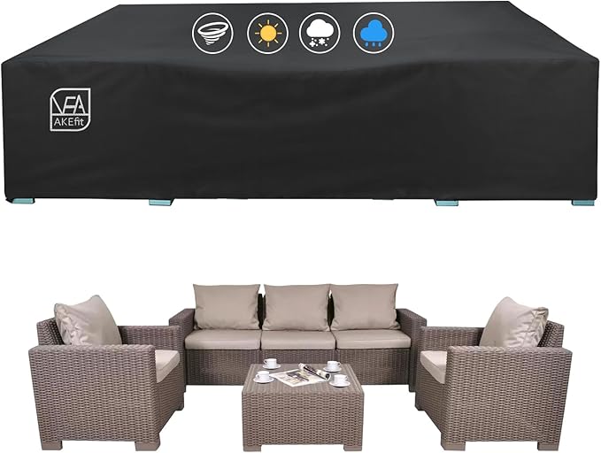 AKEfit Patio Furniture Covers,500D Heavy Duty Waterproof for Outdoor Square and Retangle Patio Table and Chair Covers,Black-110"L x 84"W x 28"H