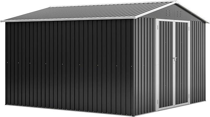 KEIKI Storage Shed 10x10 FT, Large Metal Tool Shed for Outdoor Storage, Galvanized Steel Garden Shed with Lockable Doors for Patio, Backyard, Lawn, Black