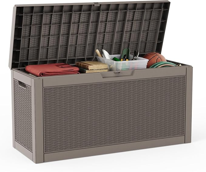60 Gallon Deck Box, Waterproof Resin Outdoor Storage Box Lockable for Patio Furniture, Fade Resistant Patio Side Table & Organizer for Garden Tools, Pool Floats, Outdoor Cushions, Light Coffee