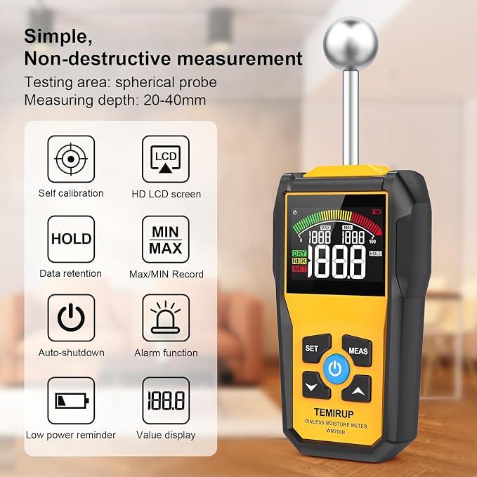 Moisture Meter, TEMIRUP Pinless Moisture Meter –Wood Moisture Detector for Walls, Drywall, Firewood & Concrete, Digital Moisture Tester with 3-Color LCD Display Reader, Audible Alarm & Hold Function
